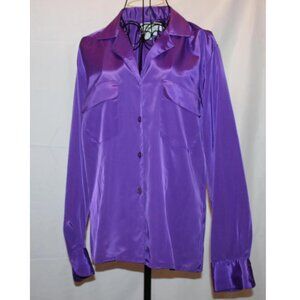Purple Satin Blouse Sz 10 Long Sleeve Button Front Top Vintage 90's Shapely